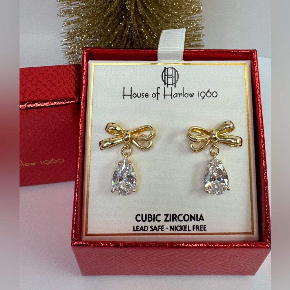 House of Harlow 1960 Gold Bow Earrings with Cubic Zirconia Teardrop Accent